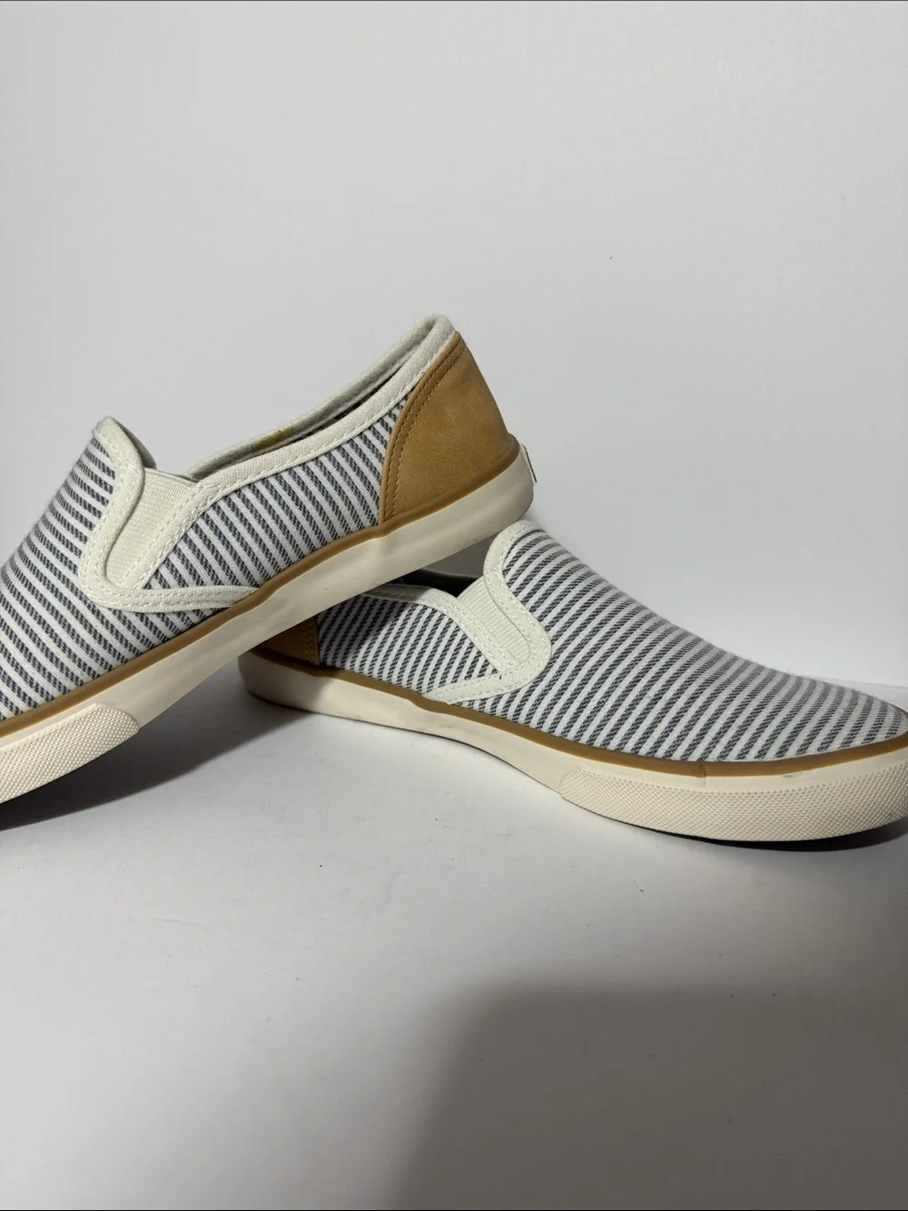 Margaritaville Navy & White Striped Slip-On Sneakers with Tan Trim